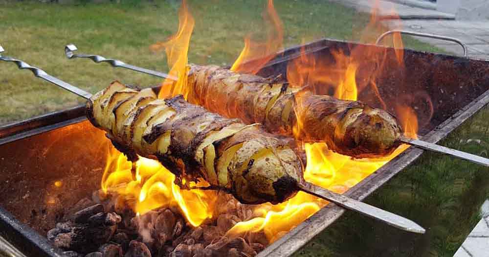 Приготовление картофеля с салом и шампиньонами на мангале Картофель, сало, шампиньоны