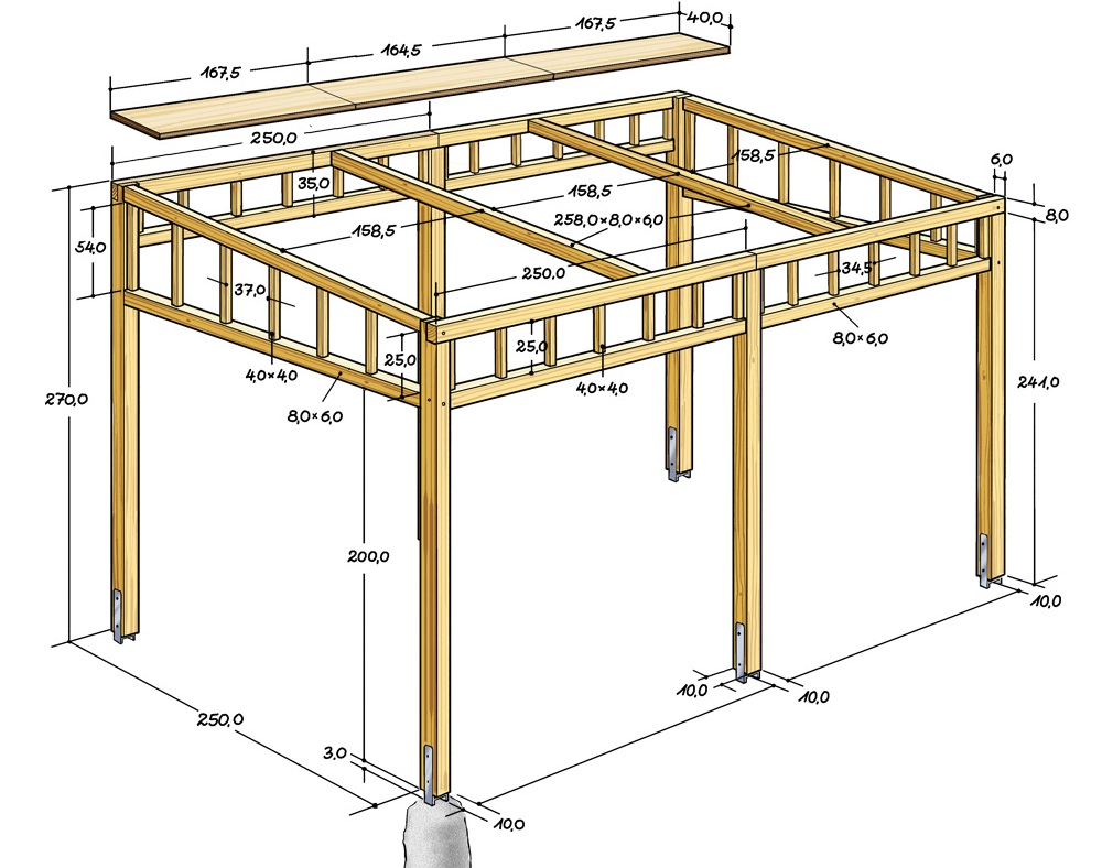 Чертёж навеса их бруса Навес из бруса