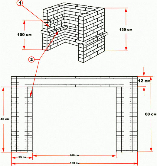 Чертёж мангала из кирпича с размерами Размеры кирпичного мангала