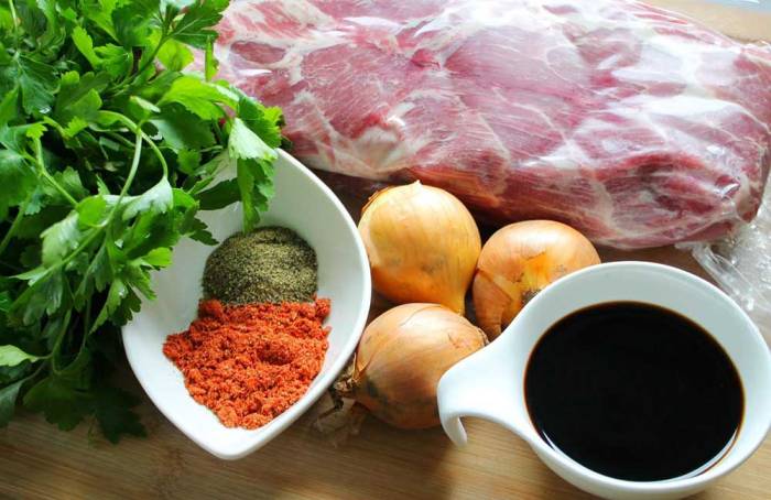 Ингредиенты для приготовления шашлыка с жидким дымом Свинина, соевый соус и лук