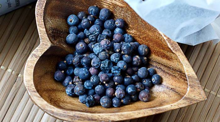 Сушеные ягоды можжевельника Ягоды можжевельника на тарелке