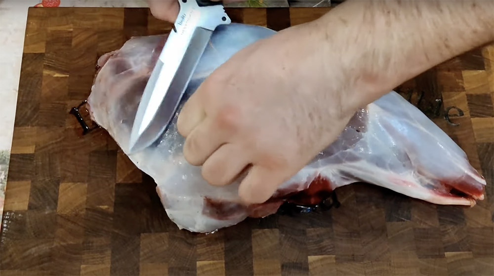 Срезание плёнок и жил с бедра косули Бедро и нож