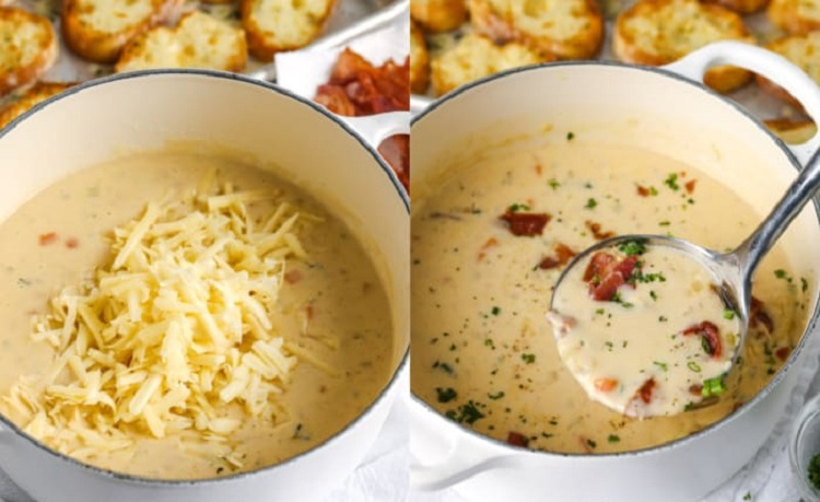 Добавление сыра чеддер и копчёного мяса Чеддер в суп-пюре