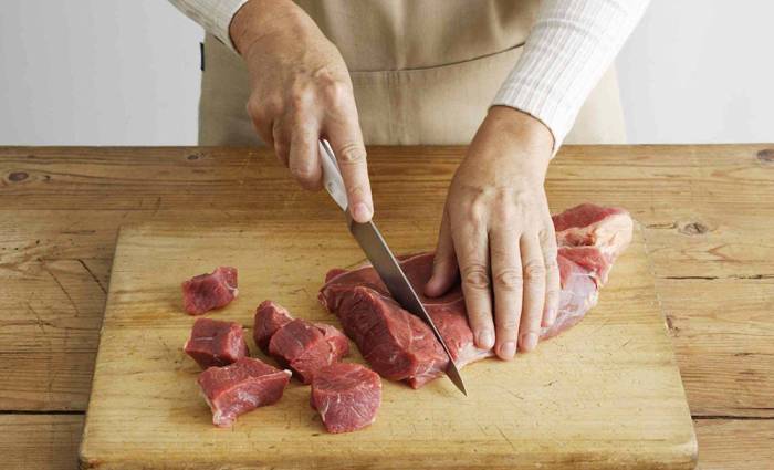 Нарезание говядины на кусочки Говядина для колбасы