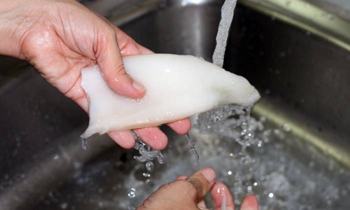 Промывание тушек кальмара под водой Кальмар под водой