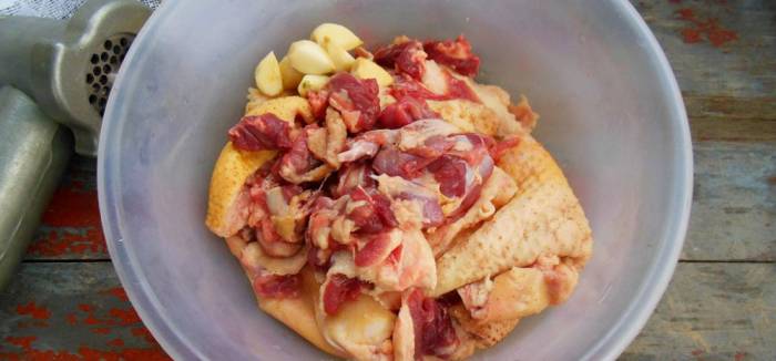 Измельчение кожицы с чесноком с помощью мясорубки Кожа и чеснок