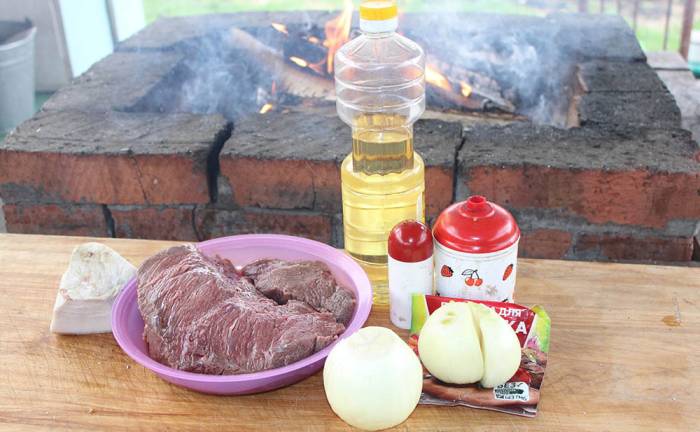 Ингредиенты для приготовления шашлыка из лосятины с салом Лосятина, сало, лук, масло, специи