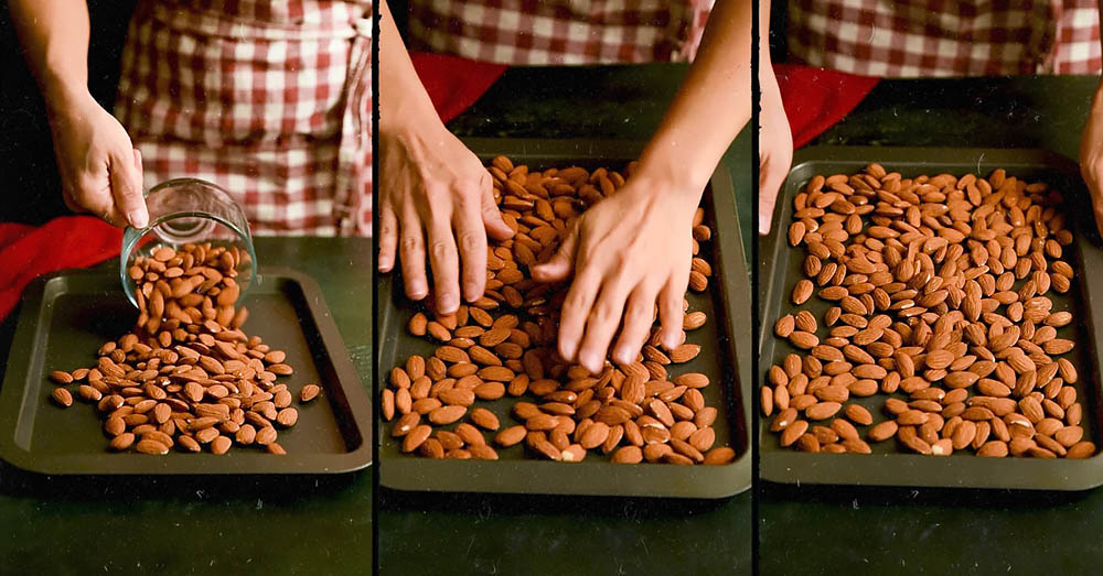 Распределение миндаля на противне Миндаль и противень