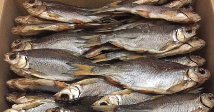 Хранение вяленой тарани Вяленая тарань лежит в коробке