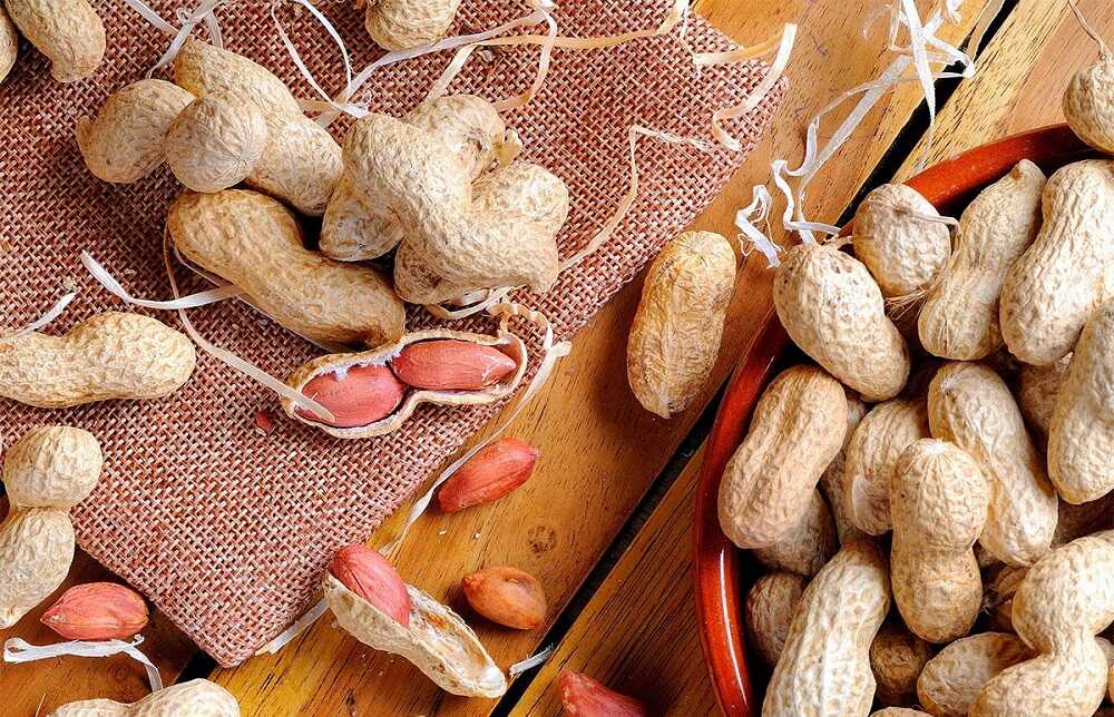 Арахис в скорлупе Неочищенный арахис рассыпан на столе