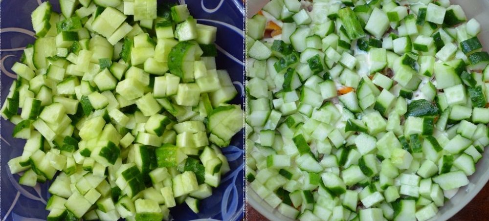 Выкладывание слоя из свежих огурцов Огурцы для салата с корейской морковью