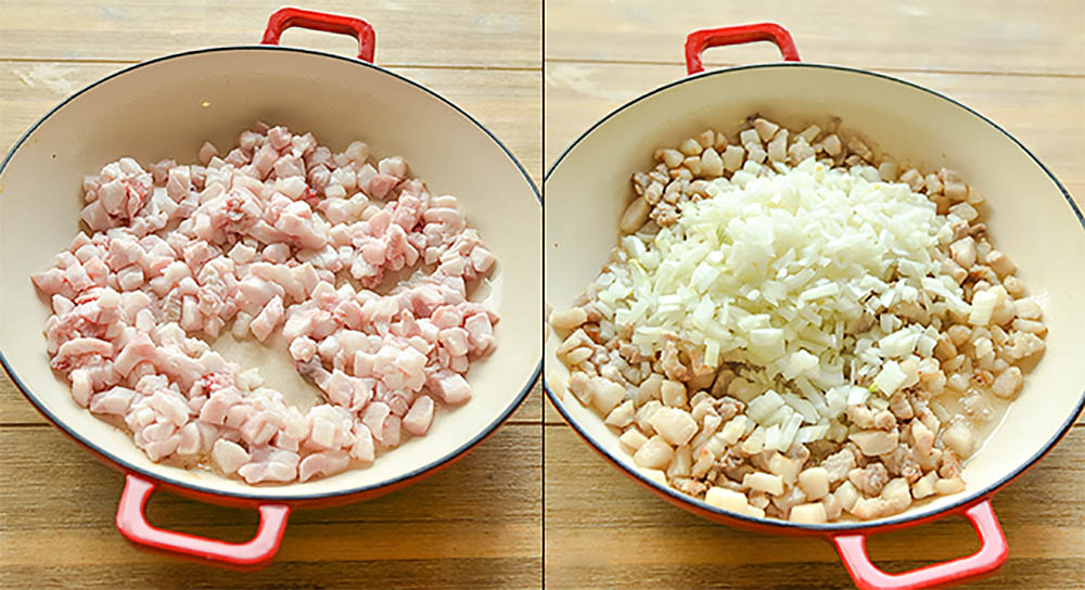 Обжаривание сала с луком на сковороде Сало и лук для кровянки