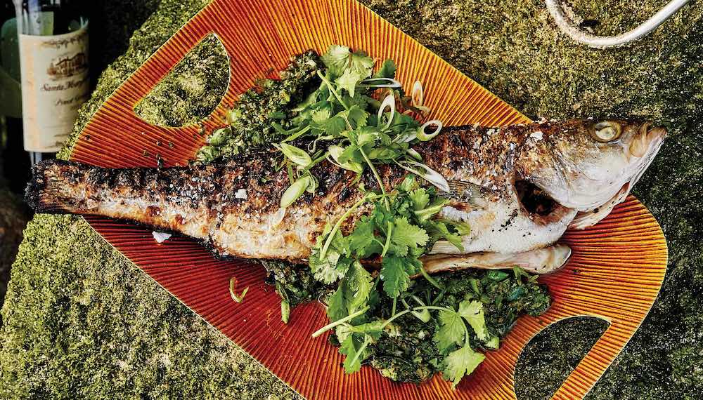 Сибас в сметанном соусе, приготовленный на мангале Сибас в сметанном соусе