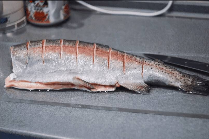 Поперечные надрезы на семге Семга, подготовленная к копчению